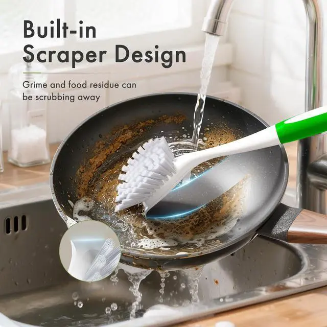 Alt view image 4 of 7 - Dish Brush with Handle, 2 Pack Kitchen Scrub Brushes for Cleaning, Dish Scrubber with Stiff Bristles for Sink, Pots, Pans