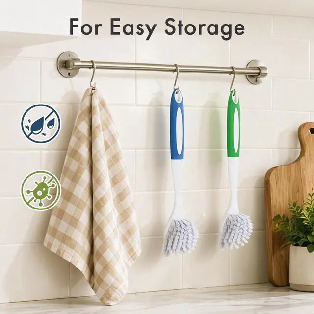 Alt view image 6 of 7 - Dish Brush with Handle, 2 Pack Kitchen Scrub Brushes for Cleaning, Dish Scrubber with Stiff Bristles for Sink, Pots, Pans