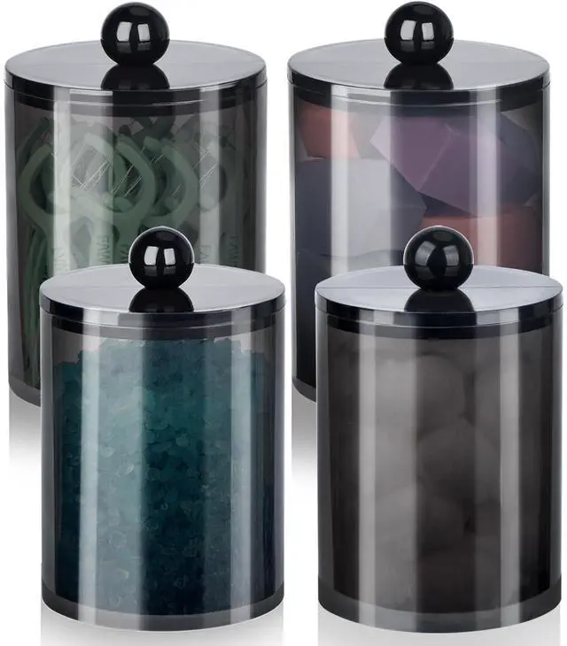 Main image of 4 Pcs Acrylic Qtip Holder, Cotton Ball Holder Jars with Lids, Black | Apothecary Jars for Cotton Swabs, Balls, Pads and Floss Picks, Bathroom Vanity Organizer