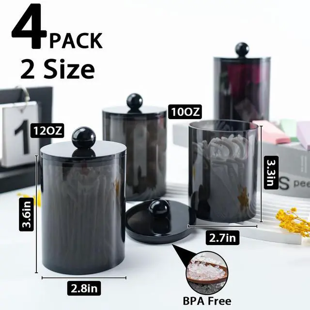 Alt view image 2 of 7 - 4 Pcs Acrylic Qtip Holder, Cotton Ball Holder Jars with Lids, Black | Apothecary Jars for Cotton Swabs, Balls, Pads and Floss Picks, Bathroom Vanity Organizer