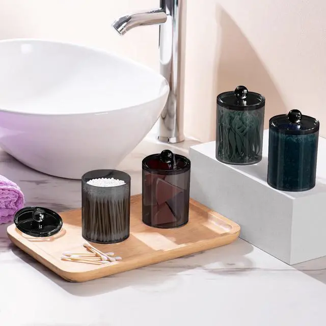 Alt view image 5 of 7 - 4 Pcs Acrylic Qtip Holder, Cotton Ball Holder Jars with Lids, Black | Apothecary Jars for Cotton Swabs, Balls, Pads and Floss Picks, Bathroom Vanity Organizer