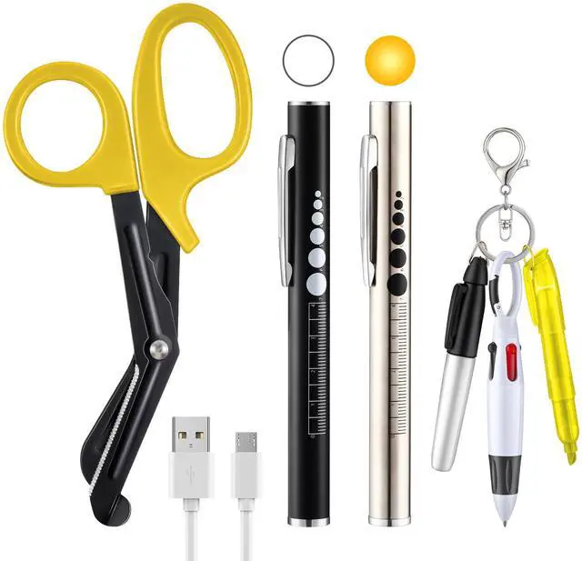 Main image of 6 Pack Nurse Tools Set for Nurse, Student, Doctor, First Aid, Yellow | 2 Rechargeable Pen Light with Two LED Sources and Pupil Gauge, One 6" Medical Scissors and 3 Mini Highlighter Pen