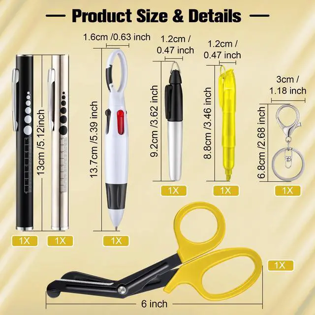Alt view image 4 of 7 - 6 Pack Nurse Tools Set for Nurse, Student, Doctor, First Aid, Yellow | 2 Rechargeable Pen Light with Two LED Sources and Pupil Gauge, One 6" Medical Scissors and 3 Mini Highlighter Pen