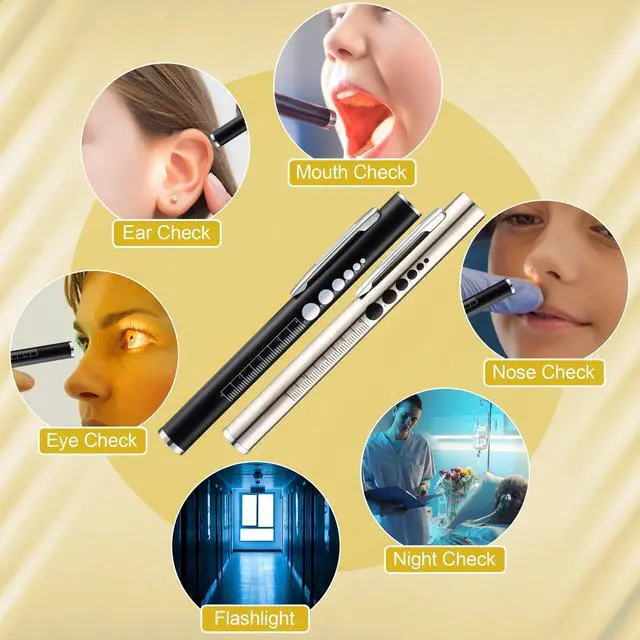 Alt view image 6 of 7 - 6 Pack Nurse Tools Set for Nurse, Student, Doctor, First Aid, Yellow | 2 Rechargeable Pen Light with Two LED Sources and Pupil Gauge, One 6" Medical Scissors and 3 Mini Highlighter Pen