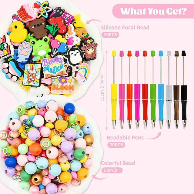 Alt view image 2 of 7 - Random Different Beaded Pen Kit,120PCS Cute Colorful Pen Kits with Beadable Pens Beads and Silicone Focals,Bead Pens Making Kit for DIY Lover Gifts/Party Favor/Student Incentives