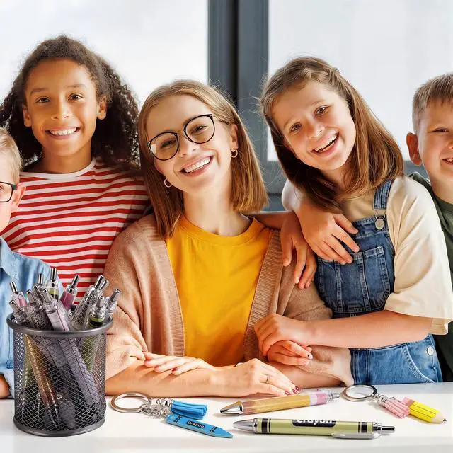 Alt view image 2 of 7 - 48 Pcs Back to School Gifts for Students First Day of School Student Teacher Gifts Ballpoint Pens Keychains and White Organza Bags for Classroom Classmate Teacher Reward Party Supplies