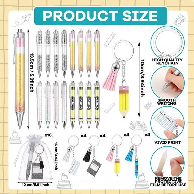 Alt view image 3 of 7 - 48 Pcs Back to School Gifts for Students First Day of School Student Teacher Gifts Ballpoint Pens Keychains and White Organza Bags for Classroom Classmate Teacher Reward Party Supplies