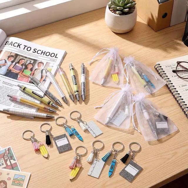Alt view image 4 of 7 - 48 Pcs Back to School Gifts for Students First Day of School Student Teacher Gifts Ballpoint Pens Keychains and White Organza Bags for Classroom Classmate Teacher Reward Party Supplies