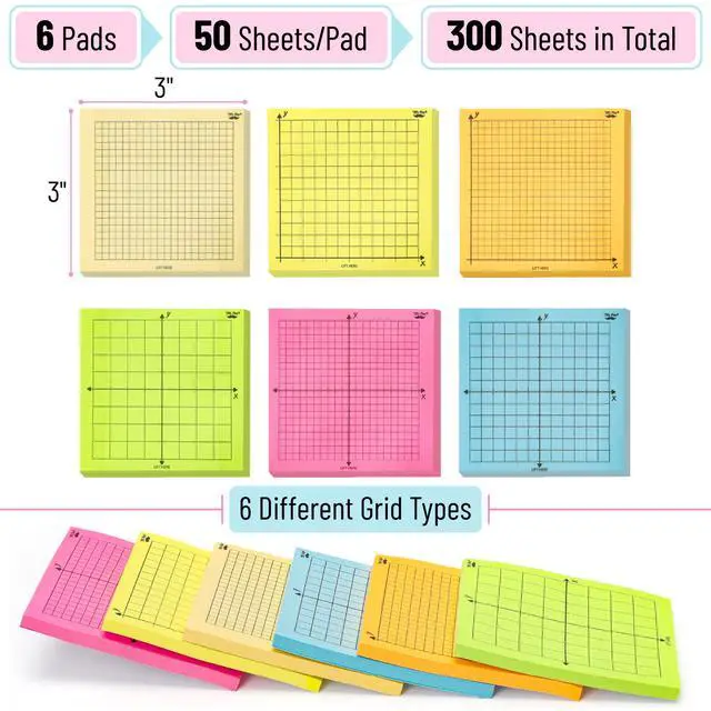 Alt view image 2 of 7 - Graph Sticky Notes, 3x3 Inch, 6 Pads, 50 Sheets/Pad, 300 Sheets | 6 Grid Designs, Bright Colors, Square Graph Paper Notes, Grid Sticky Note Pads for Math, Study, Journals, Planners