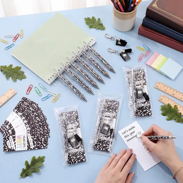 Alt view image 4 of 7 - 6 Pcs Back to School Gifts Bulk Composition Book Ballpoint Pens Keychains and Inspirational Cards Set First Day of School Supplies Gifts from Teacher Classroom Prizes Party Favors