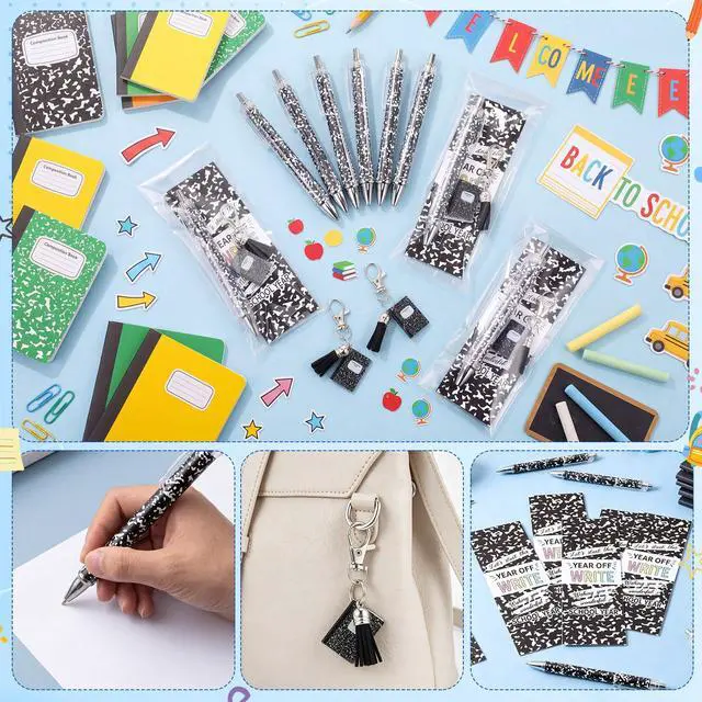 Alt view image 5 of 7 - 6 Pcs Back to School Gifts Bulk Composition Book Ballpoint Pens Keychains and Inspirational Cards Set First Day of School Supplies Gifts from Teacher Classroom Prizes Party Favors