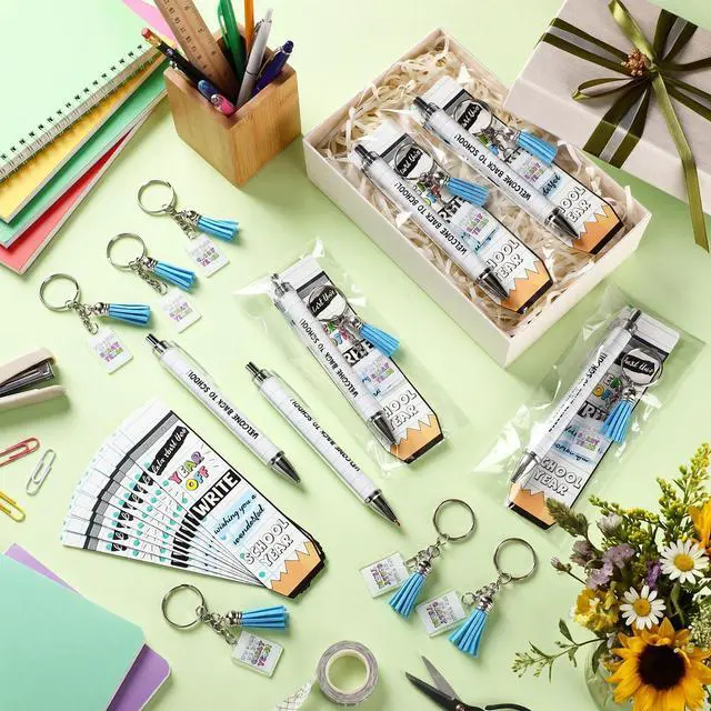 Alt view image 2 of 6 - 30 Set Back to School Students Gift, Notebook Themed Pens Keychains | Bulk Classroom Rewards, Ballpoint Pens Keychains with Cards, First Day of School Favor, Teacher Party Supplies, Student Gifts