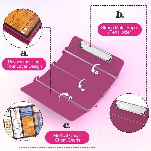Alt view image 4 of 7 - Nursing Clipboard Foldable, 4-Fold Aluminum Pocket Size, Wine Folding Clipboard with Medical Cheat Sheets, Metal Pen Clip & Privacy Protection for Nurses, Nursing Students & Doctors