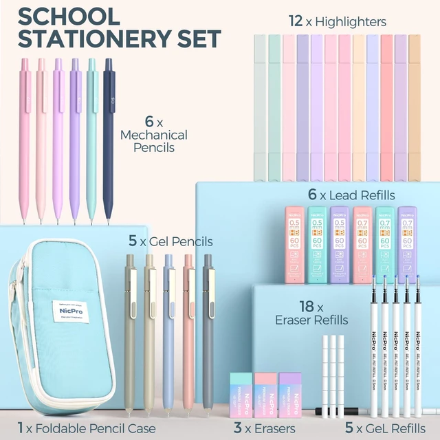 Alt view image 2 of 7 - School Supplies with Cute Pencil Case, 39 PCS Blue Back to School Stationery Set, Essentials for College Nursing Student, 12 Pastel Highlighter, 6 Mechanical Pencil, 5 Gel Pen