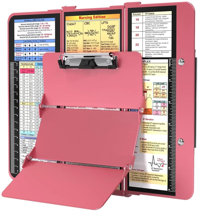 Main image of Nursing Clipboard Foldable, Foldable Clipboard w/Nursing Edition Cheat Charts,3 Layers Aluminum, Nurse Clip Board w/Low Profile Clip&Pen Clip Pocket for Students, Nurses and Doctors, Rose
