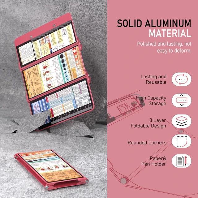 Alt view image 3 of 7 - Nursing Clipboard Foldable, Foldable Clipboard w/Nursing Edition Cheat Charts,3 Layers Aluminum, Nurse Clip Board w/Low Profile Clip&Pen Clip Pocket for Students, Nurses and Doctors, Rose