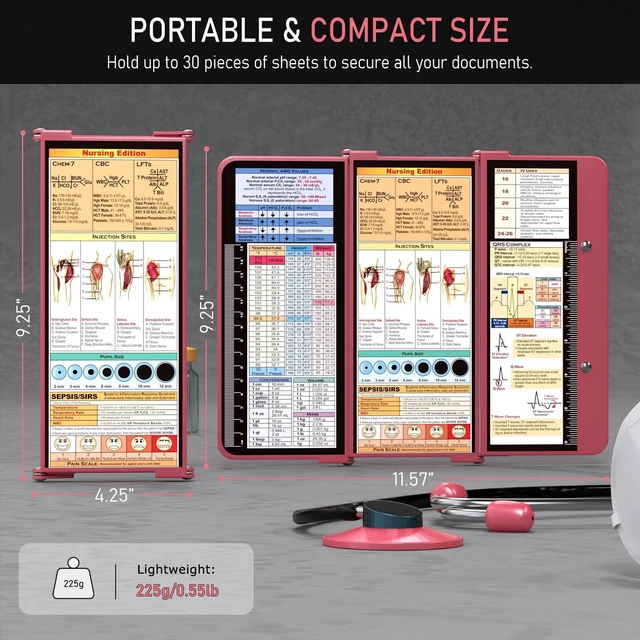 Alt view image 2 of 7 - Nursing Clipboard Foldable, Foldable Clipboard w/Nursing Edition Cheat Charts,3 Layers Aluminum, Nurse Clip Board w/Low Profile Clip&Pen Clip Pocket for Students, Nurses and Doctors, Rose