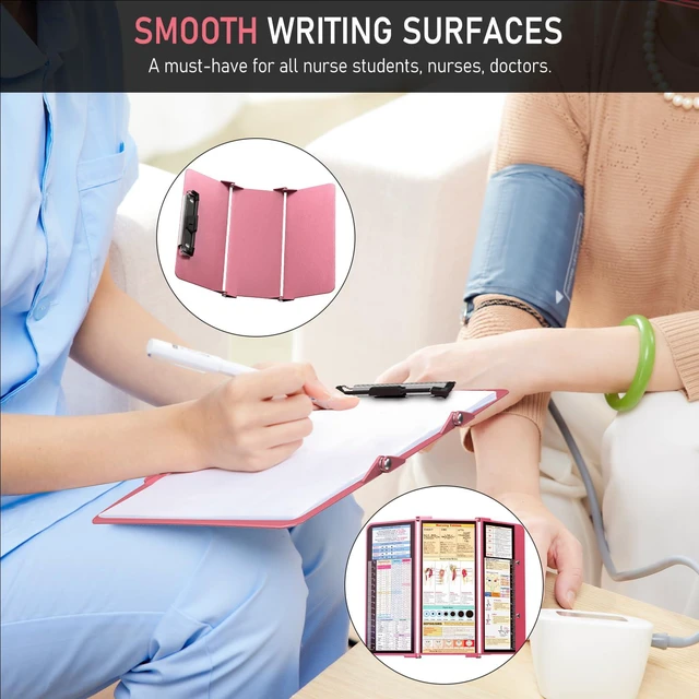 Alt view image 4 of 7 - Nursing Clipboard Foldable, Foldable Clipboard w/Nursing Edition Cheat Charts,3 Layers Aluminum, Nurse Clip Board w/Low Profile Clip&Pen Clip Pocket for Students, Nurses and Doctors, Rose