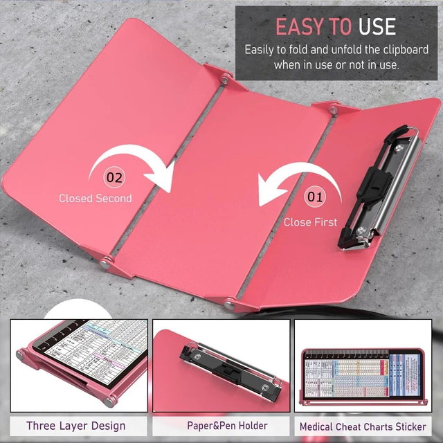 Alt view image 5 of 7 - Nursing Clipboard Foldable, Foldable Clipboard w/Nursing Edition Cheat Charts,3 Layers Aluminum, Nurse Clip Board w/Low Profile Clip&Pen Clip Pocket for Students, Nurses and Doctors, Rose
