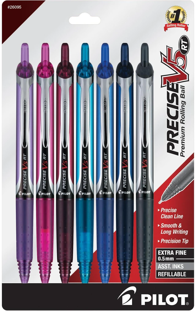 Main image of Precise V5 RT Rolling Ball Pens, 0.5 mm, Assorted, Pack of 7