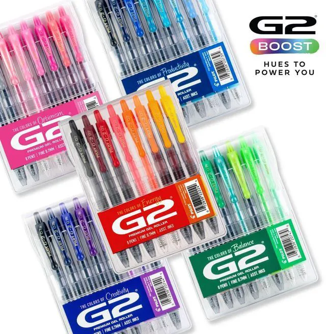 Alt view image 7 of 7 - G2 Gel Roller Pens, G2 Boost Green Pens Pack, 8 Pack Pouch, Assorted