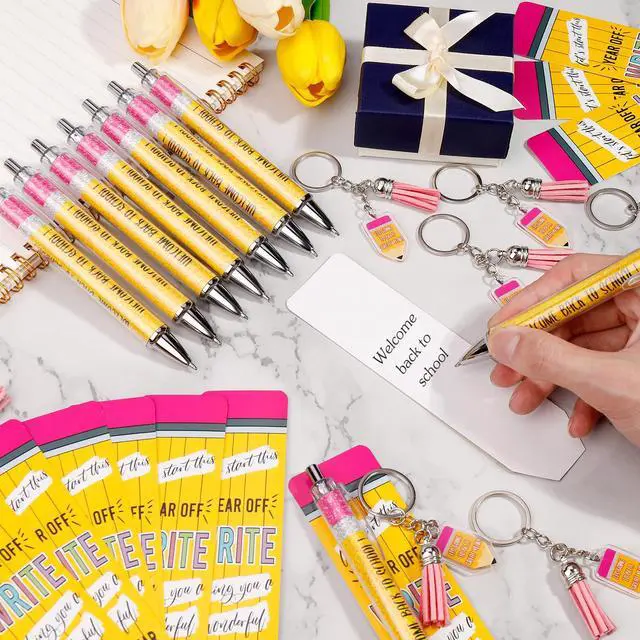 Alt view image 2 of 7 - 24 Set Back to School Gifts for Students Bulk Welcome First Day of School Student Teacher Gifts with Ballpoint Pens Keychains and Cards for Classroom Rewards Party Favors