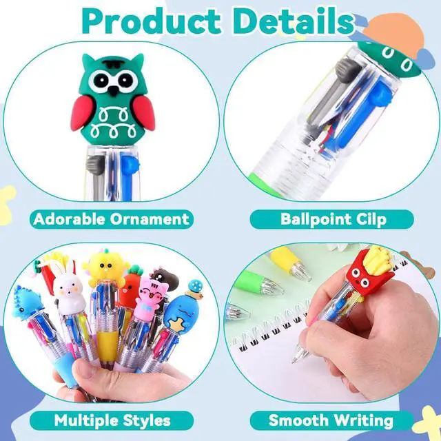 Alt view image 3 of 7 - 28PCS Fun Pens Cute Multicolor Pens 4-in-1 for Party Favors Gifts Kids | Multicolor Ballpoint Pen, Mini Cartoon Animal 0.7mm Retractable Writing Pens for Party Favors School Supplies Student Rewards