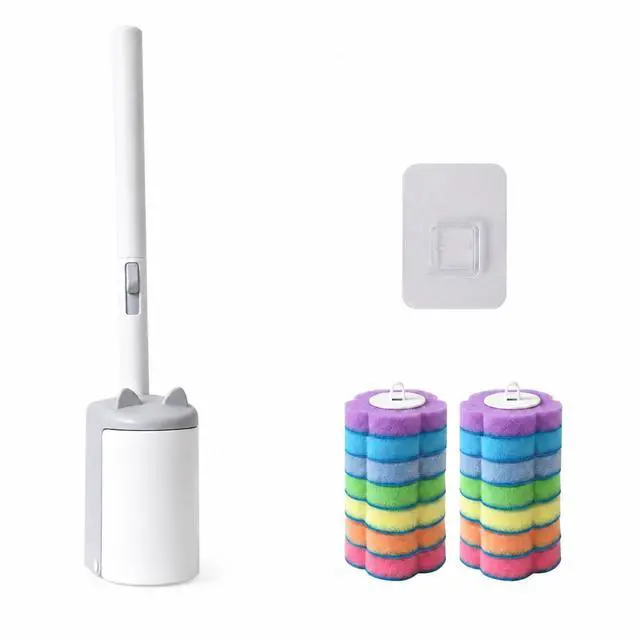 Main image of Disposable Toilet Brush Wand Kit, 14 Refills, Wall Mount Holder | Extended handle, auto-open lid design, off-floor storage for RVs, apartments, campers, dorms, guest baths, easy press release