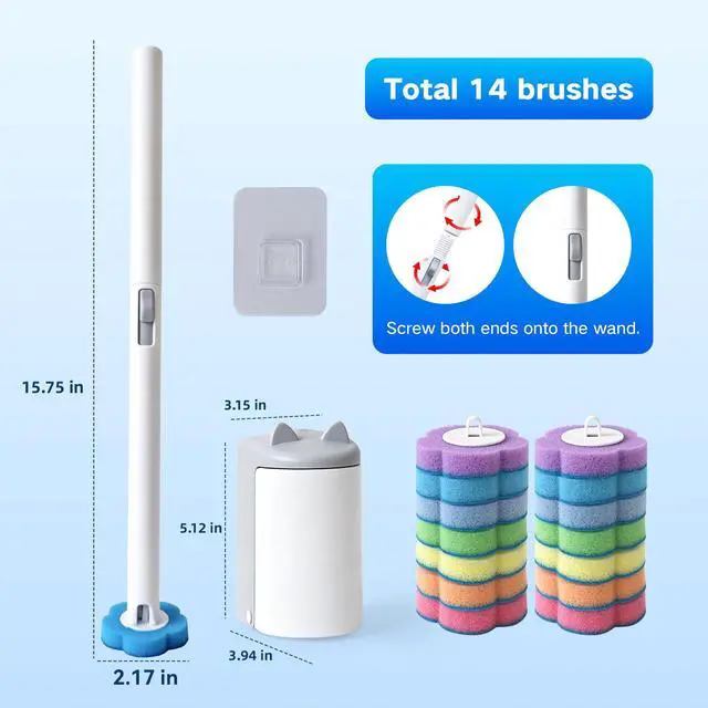 Alt view image 2 of 7 - Disposable Toilet Brush Wand Kit, 14 Refills, Wall Mount Holder | Extended handle, auto-open lid design, off-floor storage for RVs, apartments, campers, dorms, guest baths, easy press release