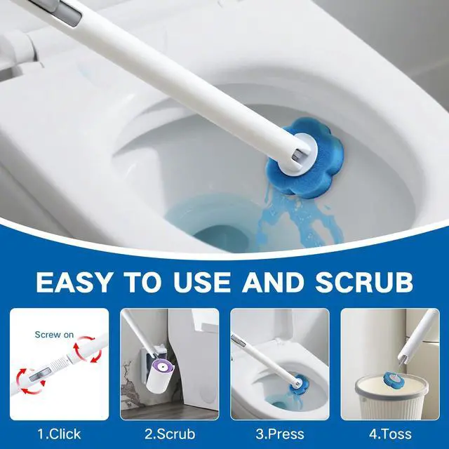 Alt view image 5 of 7 - Disposable Toilet Brush Wand Kit, 14 Refills, Wall Mount Holder | Extended handle, auto-open lid design, off-floor storage for RVs, apartments, campers, dorms, guest baths, easy press release
