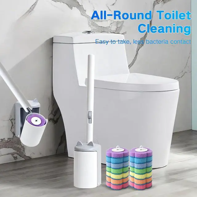 Alt view image 7 of 7 - Disposable Toilet Brush Wand Kit, 14 Refills, Wall Mount Holder | Extended handle, auto-open lid design, off-floor storage for RVs, apartments, campers, dorms, guest baths, easy press release