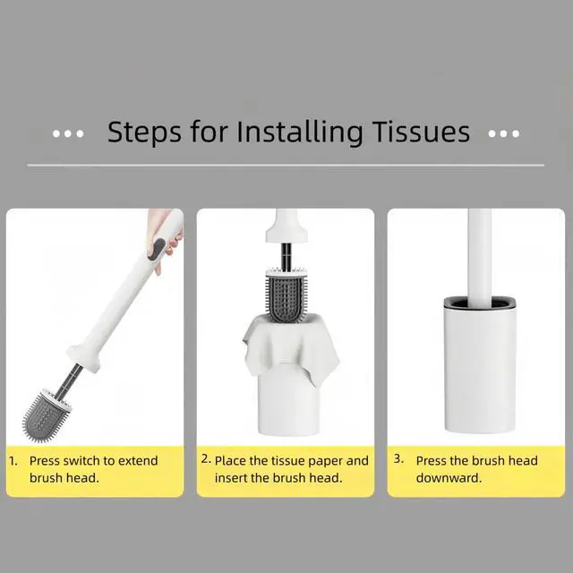 Alt view image 2 of 7 - Extendable Toilet Brush & Holder Set, Disposable Toilet Brush Silicone Head, Hands-Free Wet Wipe Attachment, Easy & Mess-Free Cleaning (White)