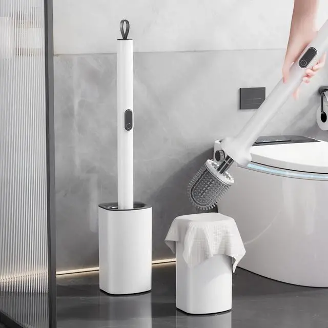 Alt view image 6 of 7 - Extendable Toilet Brush & Holder Set, Disposable Toilet Brush Silicone Head, Hands-Free Wet Wipe Attachment, Easy & Mess-Free Cleaning (White)