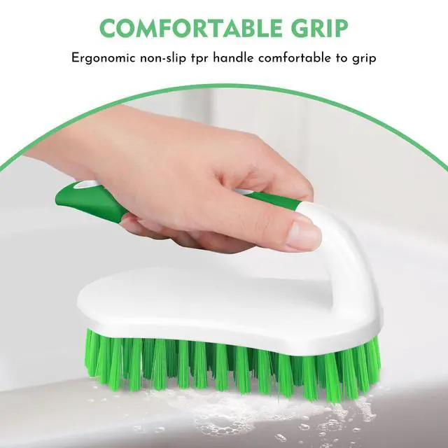 Alt view image 3 of 7 - Scrub Brush, Stiff Bristle Cleaning Scrubber, 2 Pack(Green) | Durable Bristles Ergonomic Non-Slip Tpr Grip. U-Style Hanging Loop for Storage. Use for Shower, Tub, Tile, Kitchen, Carpet.