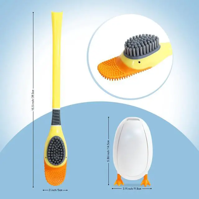 Alt view image 2 of 6 - Duck-Shaped Toilet Brush Set Flat Silicone Brush Head with Side Bristles for Deep Cleaning, Non-Stick, Hidden Plunger, Wall-Mount Holder(Blue)