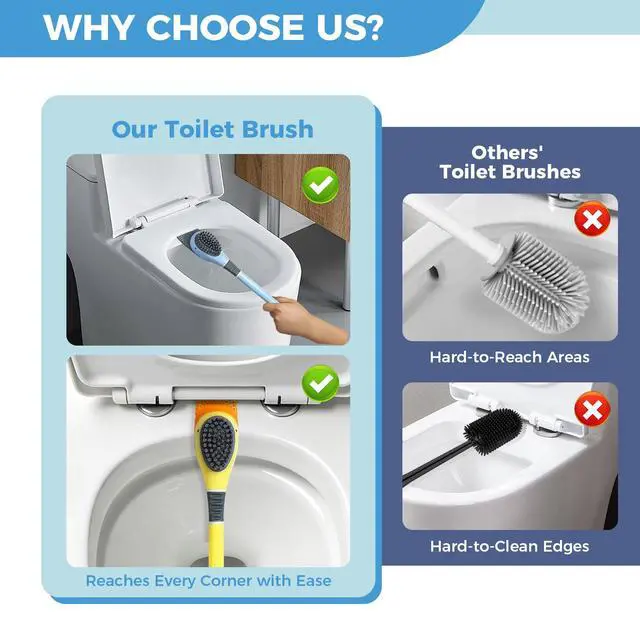 Alt view image 4 of 6 - Duck-Shaped Toilet Brush Set Flat Silicone Brush Head with Side Bristles for Deep Cleaning, Non-Stick, Hidden Plunger, Wall-Mount Holder(Blue)