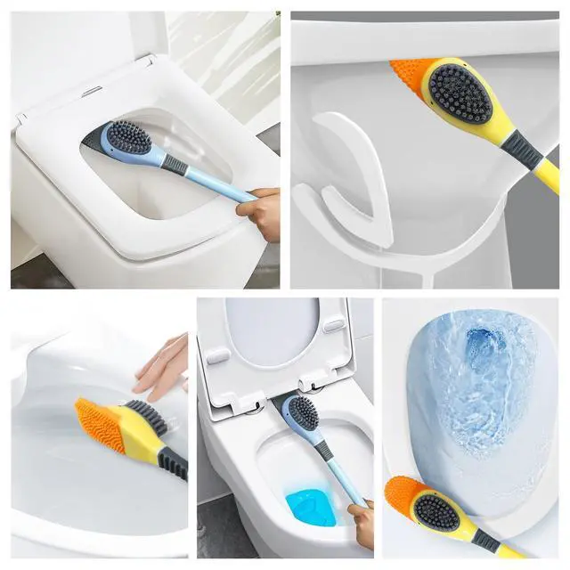 Alt view image 5 of 6 - Duck-Shaped Toilet Brush Set Flat Silicone Brush Head with Side Bristles for Deep Cleaning, Non-Stick, Hidden Plunger, Wall-Mount Holder(Blue)