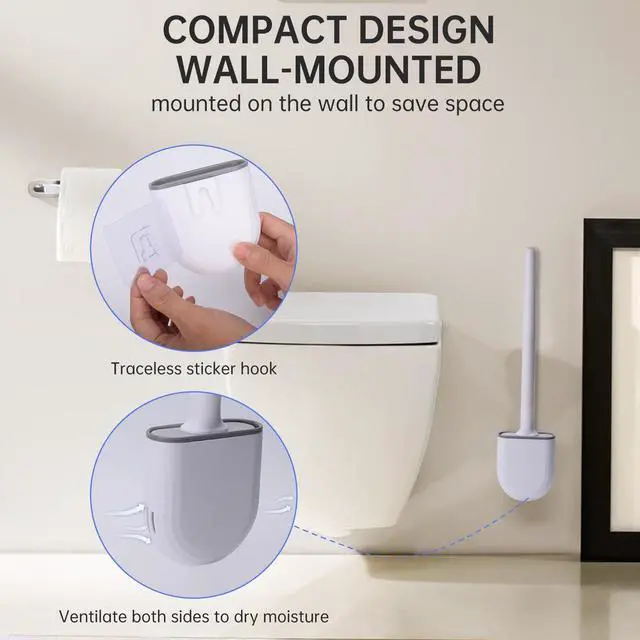 Alt view image 2 of 7 - Small Silicone Toilet Brush with Crevice Brush-Silicone Bristles, Gentle on Toilets | Bathroom Accessories for RVs, Trailers, Campers | Anti-Roll, Anti-Drip Wall-Mounted Design for Travel