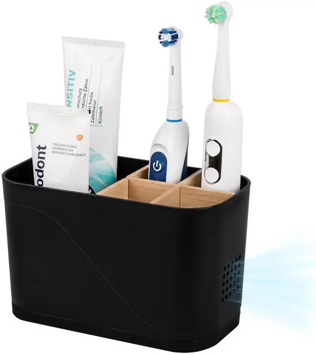 Main image of Toothbrush and Toothpaste Holder, 5 Slots, Black | Bamboo Dividers, Kids Electric Tooth Brush Organizer for Bathroom Countertop Accessories Storage