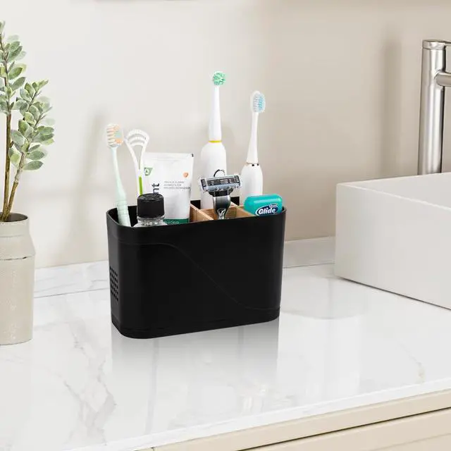 Alt view image 2 of 6 - Toothbrush and Toothpaste Holder, 5 Slots, Black | Bamboo Dividers, Kids Electric Tooth Brush Organizer for Bathroom Countertop Accessories Storage