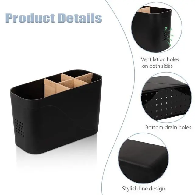 Alt view image 3 of 6 - Toothbrush and Toothpaste Holder, 5 Slots, Black | Bamboo Dividers, Kids Electric Tooth Brush Organizer for Bathroom Countertop Accessories Storage