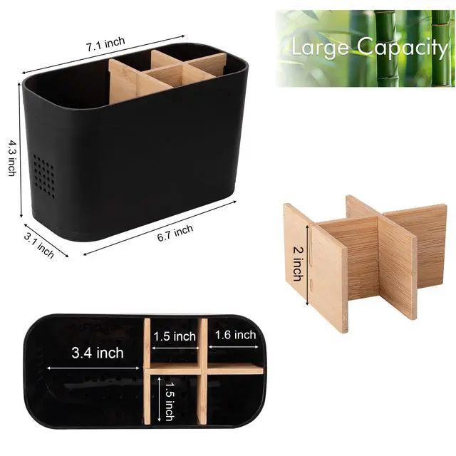 Alt view image 5 of 6 - Toothbrush and Toothpaste Holder, 5 Slots, Black | Bamboo Dividers, Kids Electric Tooth Brush Organizer for Bathroom Countertop Accessories Storage
