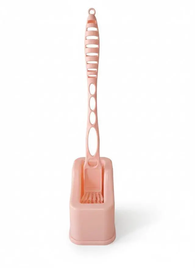 Main image of Plastic Double Hockey Shape Toilet Brush with Holder Stand, Multicolor, Nylon Bristles, Long Handle, Space-Saving Design, 15L x 11W x 49H Centimeters