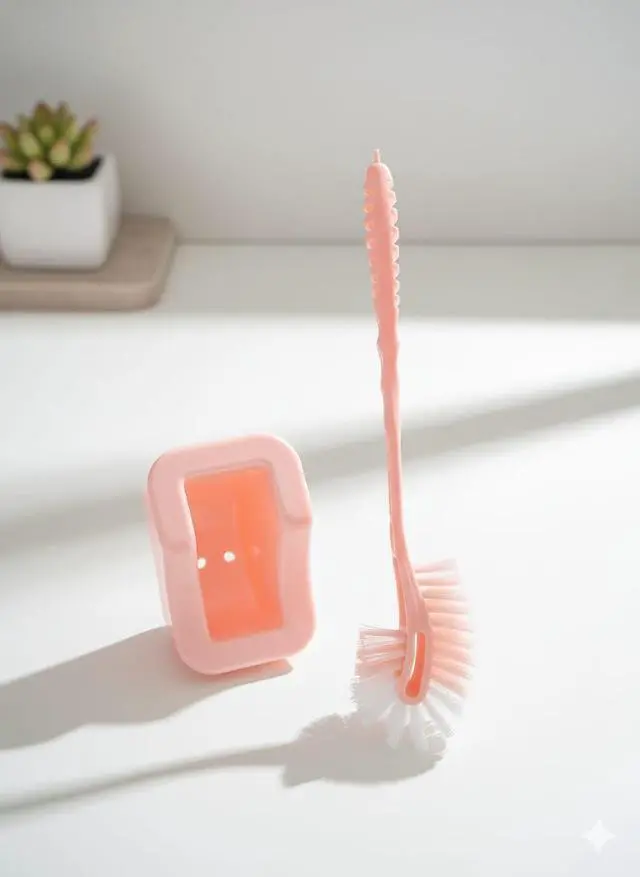 Alt view image 3 of 6 - Plastic Double Hockey Shape Toilet Brush with Holder Stand, Multicolor, Nylon Bristles, Long Handle, Space-Saving Design, 15L x 11W x 49H Centimeters