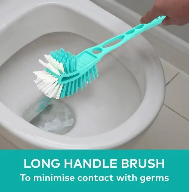 Alt view image 6 of 6 - Plastic Double Hockey Shape Toilet Brush with Holder Stand, Multicolor, Nylon Bristles, Long Handle, Space-Saving Design, 15L x 11W x 49H Centimeters