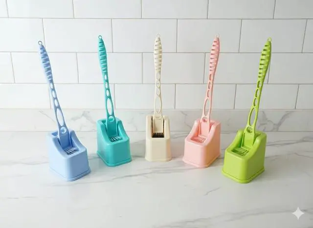 Alt view image 5 of 6 - Plastic Double Hockey Shape Toilet Brush with Holder Stand, Multicolor, Nylon Bristles, Long Handle, Space-Saving Design, 15L x 11W x 49H Centimeters