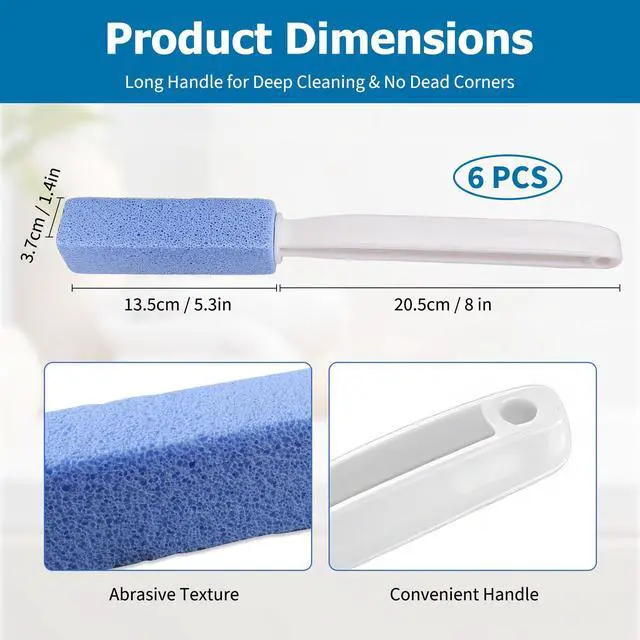 Alt view image 2 of 7 - 6 Pack Blue Extended Handle Toilet Brush, Bubble Pumice Stone, Hanging Design, Plastic, 13.4 Inch (34cm) Total Length (13.5cm Pumice + 20.5cm Handle), Powerful Multi-Surface Stain Remover