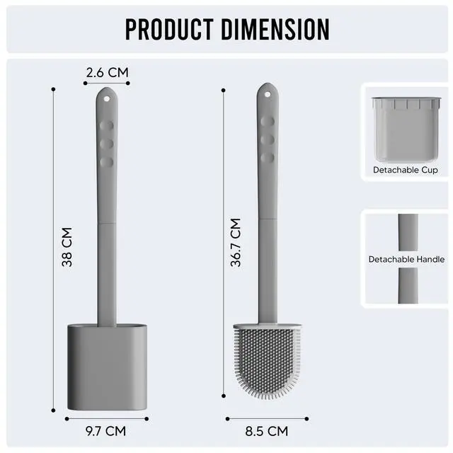 Alt view image 7 of 7 - Modern Minimalist Silicone Grey Toilet Brush and Holder Set Pack of 1 Wall Mounted Toilet Bowl Brush Long Non-Slip Handle, Flexible Bristles for Self-Cleaning & Splash-Free, Easy-Rinse Design