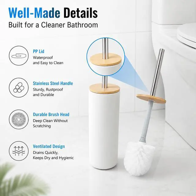 Alt view image 6 of 7 - Toilet Bowl Brush and Holder Set, Shatterproof Ceramic-Look Base & Odor-Locking Lid, Long Stainless Steel Handle Toilet Cleaner Brush (Black)