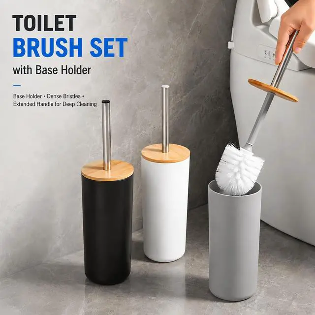 Alt view image 2 of 7 - Toilet Bowl Brush and Holder Set, Shatterproof Ceramic-Look Base & Odor-Locking Lid, Long Stainless Steel Handle Toilet Cleaner Brush (Black)